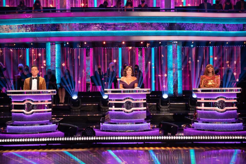 <p>Judges Craig Revel Horwood, Shirley Ballas and Motsi Mabuse seated at their modified judges' tables, in <a href="https://www.digitalspy.com/tv/reality-tv/a33667406/strictly-come-dancing-bruno-tonioli-2020/" rel="nofollow noopener" target="_blank" data-ylk="slk:Bruno Tonioli's absence;elm:context_link;itc:0;sec:content-canvas" class="link ">Bruno Tonioli's absence</a>.</p>