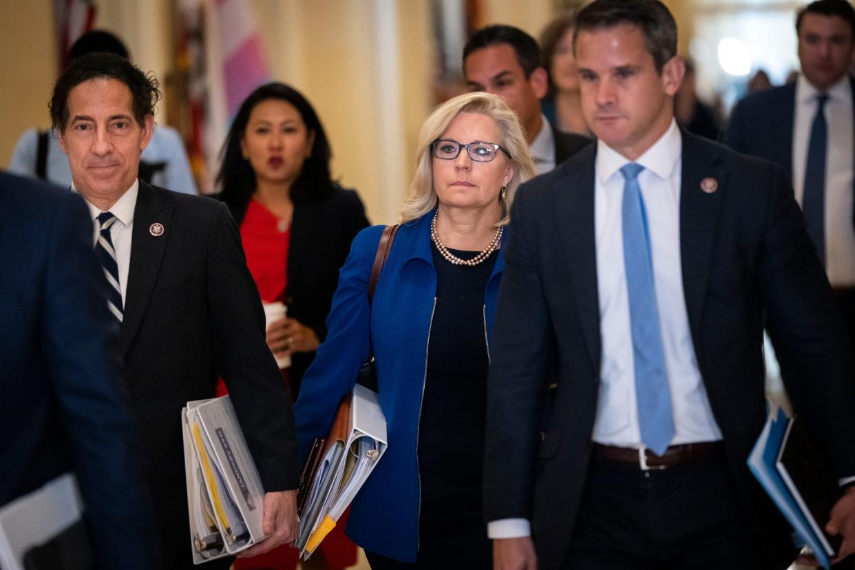 Rep. Jamie Raskin (D-MD), Rep. Liz Cheney (R-WY) and Rep. Adam Kinzinger (R-IL) arrive for the House Select Committee hearing investigating the January 6 attack on the U.S. Capitol on July 27, 2021 at the Canon House Office Building in Washington, DC. 