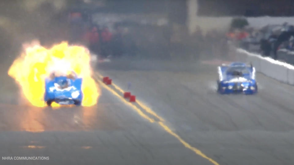 John Force's Funny Car exploding at Virginia Nationals