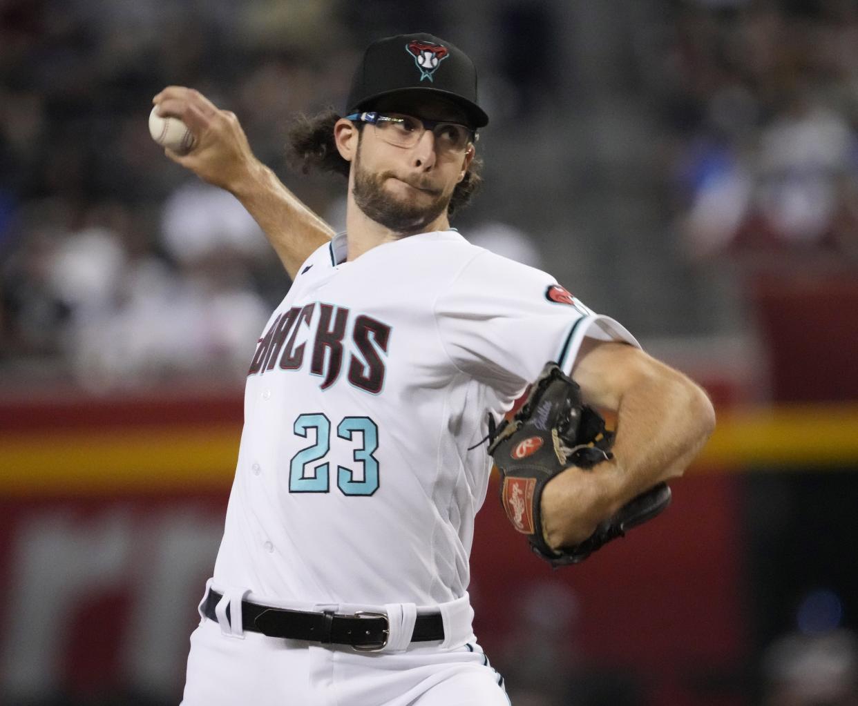 Jun 28, 2022; Phoenix, Ariz., U.S.;  Arizona Diamondbacks starting pitcher Zac Gallen (23) throws against the San Diego Padres during the first inning at Chase Field.