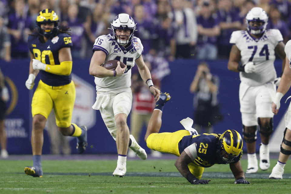 QB Max Duggan during TCU's 2022 CFP semifinal victory over Michigan. (Chris Coduto/Getty Images)