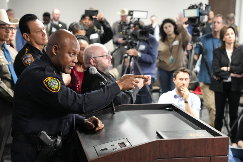 Police Chief Troy Finner speaks to the media in the aftermath of the shooting at Lakewood Church during a news conference at police headquarters on Monday, Feb. 12, 2024, in Houston. (Brett Coomer/Houston Chronicle via AP)