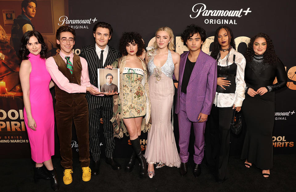 (L-R) RaeAnne Boon, Nick Pugliese, Spencer MacPherson, Sarah Yarkin, Peyton List, Kristian Flores, Rainbow Wedell, and Kiara Pichardo attends the "School Spirits" screening and after party on March 01, 2023 in Los Angeles, California.