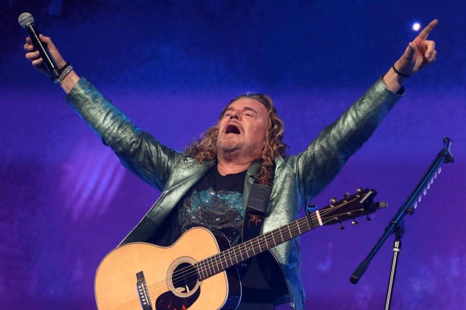 The lead singer and guitarist of Maná, Fher Olvera, performs during their 'México Lindo y Querido' tour at the Save Mart Center, on Friday, December 1, 2023, in Fresno.