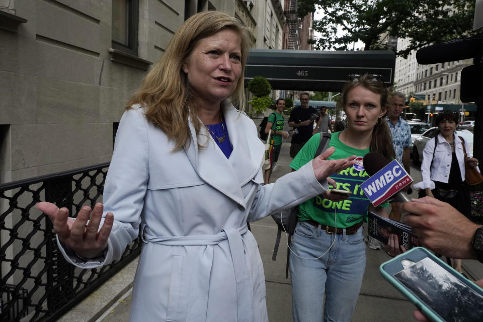 Democrat mayoral candidate Kathryn Garcia talks with the media on New York's Upper West Side, Tuesday, June 22, 2021. The final votes are set to be cast Tuesday in New York's party primaries, where mayors, prosecutors, judges and city and county legislators will be on the ballot, along with other municipal offices. (AP Photo/Richard Drew)