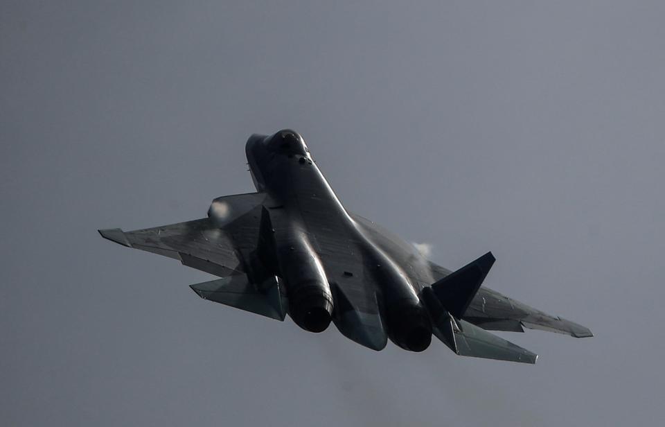 Sukhoi Su-57 jet fighter performs during International military-technical forum "Army-2020" at Kubinka airbase in Moscow Region, Russia August 25, 2020.