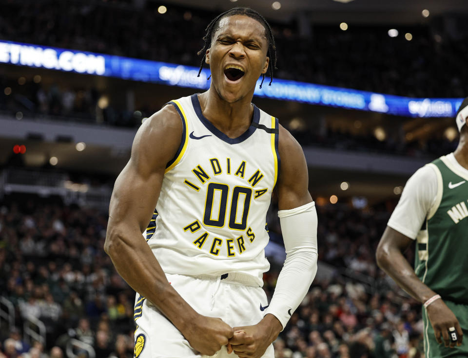 Indiana Pacers' Benedict Mathurin reacts during the first half of an NBA basketball game against the Milwaukee Bucks, Monday, Jan. 1, 2024, in Milwaukee. (AP Photo/Jeffrey Phelps)