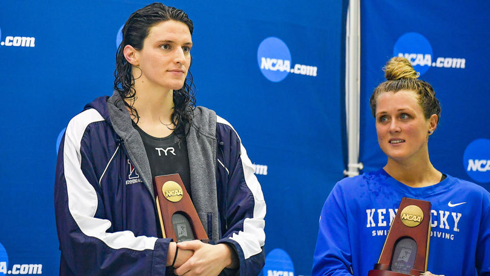 Pictured left is American trans swimming star, Lia Thomas at a swimming meet.