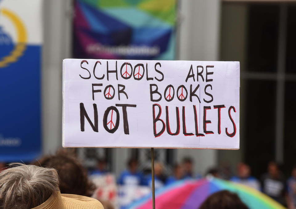 A sign protesting school shootings