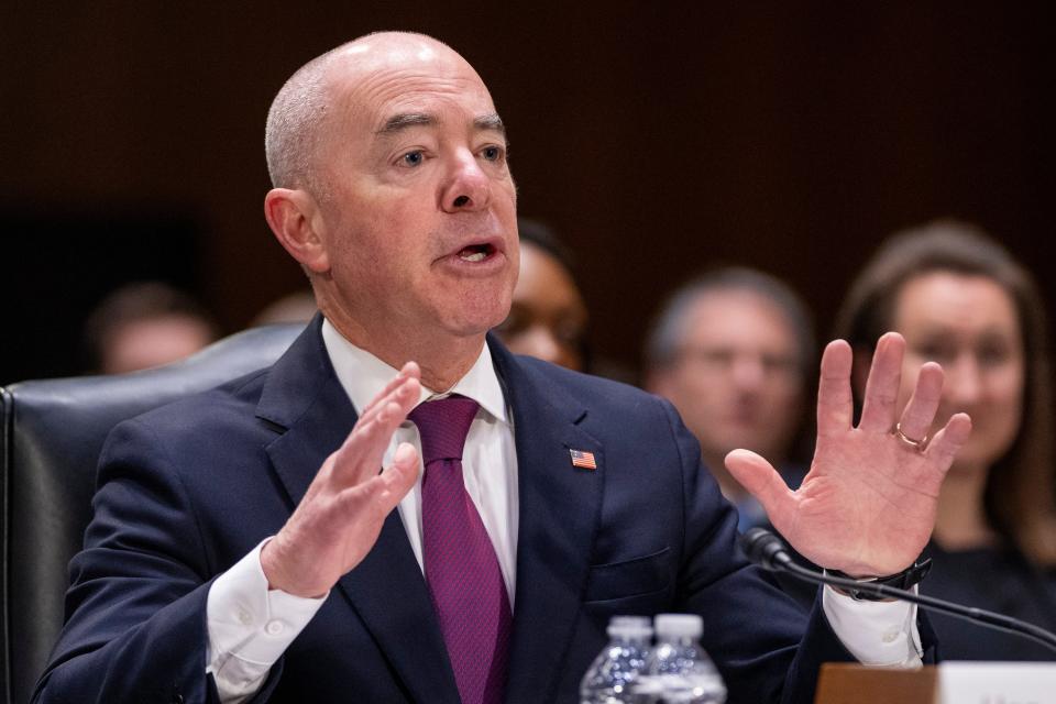 Homeland Security Secretary Alejandro Mayorkas testifies during a hearing of the Senate Appropriations Committee on Capitol Hill, Nov. 8, 2023, in Washington.