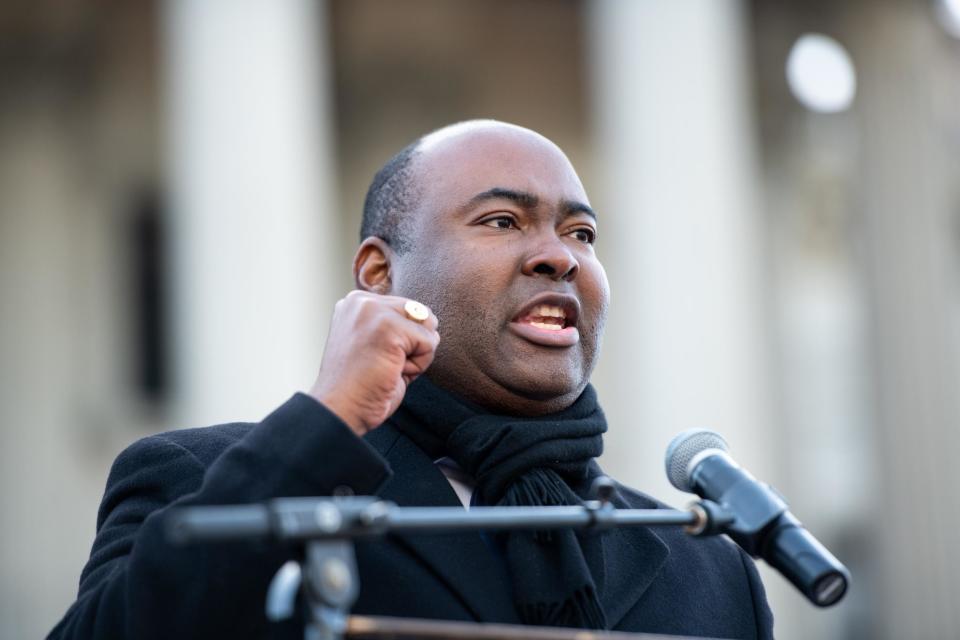 COLUMBIA, SC - JANUARY 20: U.S. senate candidate Jaime Harrison speaks to the crowd during the King Day celebration at the Dome March and rally on January 20, 2020 in Columbia, South Carolina. The event, first held in 2000 in opposition to the display of the Confederate battle flag at the statehouse, attracted more than a handful Democratic presidential candidates to the early primary state. (Photo by Sean Rayford/Getty Images)