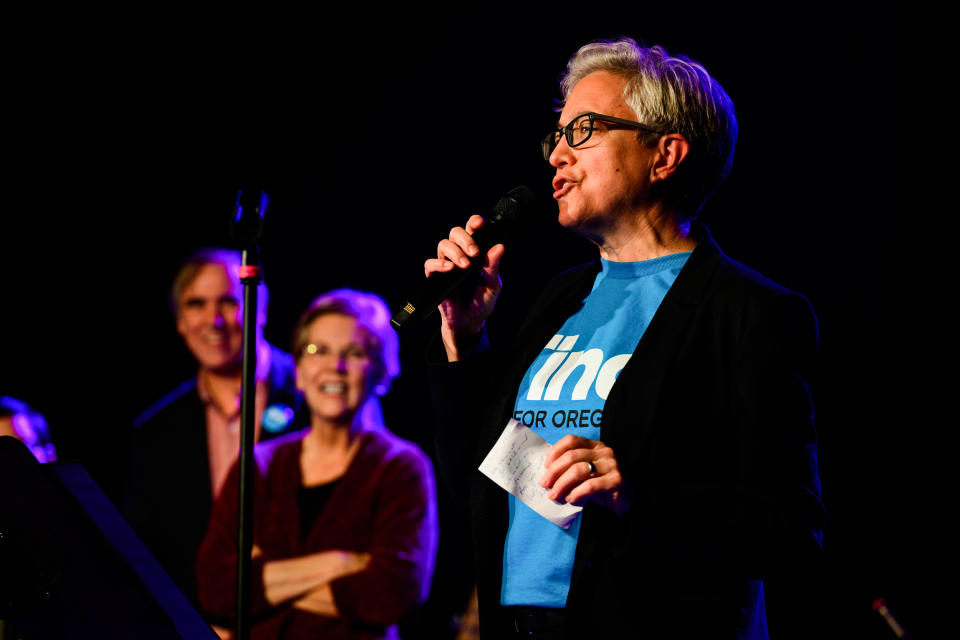 Democratic gubernatorial candidate Tina Kotek holds a rally on Oct. 22, 2022, in Portland, Ore. (Mathieu Lewis-Rolland / Getty Images)