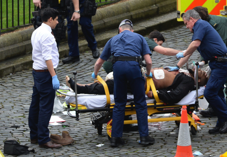 Khalid Masood lies on a stretcher after being shot by police (Picture: PA)