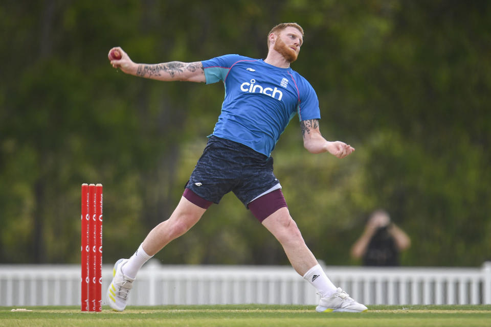 England's Ben Stokes bowls during a practice session on the first day of the Ashes tour match between England Men and England Lions, at Redlands Cricket Club, in Brisbane, Australia, Tuesday, Nov. 23, 2021. (Dave Hunt/AAP Image via AP)