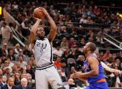 Jan 8, 2016; San Antonio, TX, USA; San Antonio Spurs small forward Kawhi Leonard (2) shoots the ball over New York Knicks shooting guard Arron Afflalo (right) during the first half at AT&T Center. Mandatory Credit: Soobum Im-USA TODAY Sports