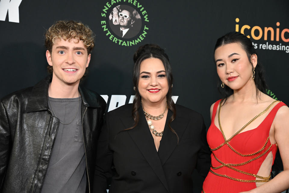 HOLLYWOOD, CALIFORNIA - MARCH 13:  (L-R) Actor Connor Kalopsis, director Maureen Bharoocha and actor Ramona Young attend the Los Angeles premiere of 