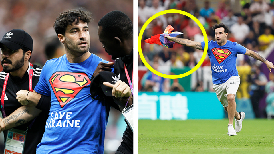 A pitch invader (pictured right) with a pride flag during the Qatar World Cup.