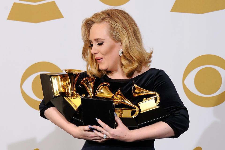 Adele pictured in 2012 with her Grammy awards for '21'. (Photo by Kevork Djansezian/Getty Images)