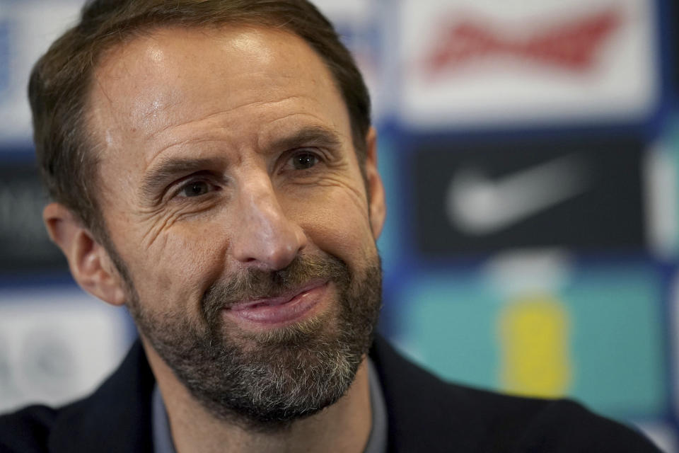 England's manager Gareth Southgate speaks during England's World Cup 2022 squad announcement at St George's Park, Burton upon Trent, England, Thursday Nov. 10, 2022. (Nick Potts/PA via AP)