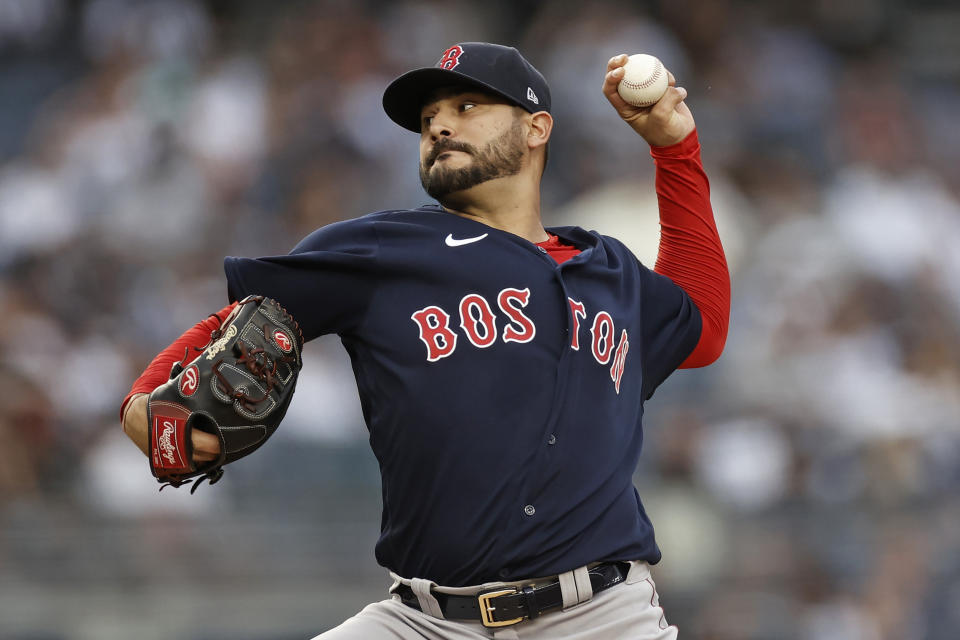 Boston Red Sox pitcher Martin Perez throws during the first inning of the team's baseball game against the New York Yankees on Sunday, July 18, 2021, in New York. (AP Photo/Adam Hunger)