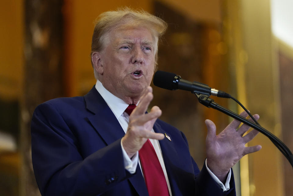 Former President Donald Trump speaks during a news conference at Trump Tower, Friday, May 31, 2024, in New York. A day after a New York jury found Donald Trump guilty of 34 felony charges, the presumptive Republican presidential nominee addressed the conviction and likely attempt to cast his campaign in a new light. (AP Photo/Julia Nikhinson)