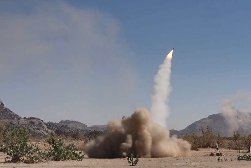 A photo made available by the Houthis on January 13, 2024 shows a projectile being launched during a military exercise near the Yemen-Saudi Arabia border at Al-Baqaa area in the northern province of Saada, Yemen. U/.S. forces took down three Houthi drones in the region Thursday, the U.S. Central Command said. EPA-EFE/HOUTHIS MEDIA CENTER HANDOUT