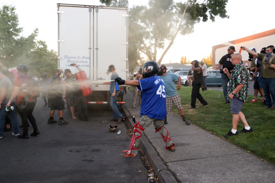 Proud Boys and anti-abortion activists spray chemical irritants at antifascists and abortion-rights supporters at an Aug. 10, 2021 Church at Planned Parenthood event outside Planned Parenthood in Salem.