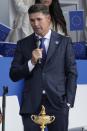 Team Europe captain Padraig Harrington speaks during the opening ceremony for the Ryder Cup at the Whistling Straits Golf Course Thursday, Sept. 23, 2021, in Sheboygan, Wis. (AP Photo/Ashley Landis)