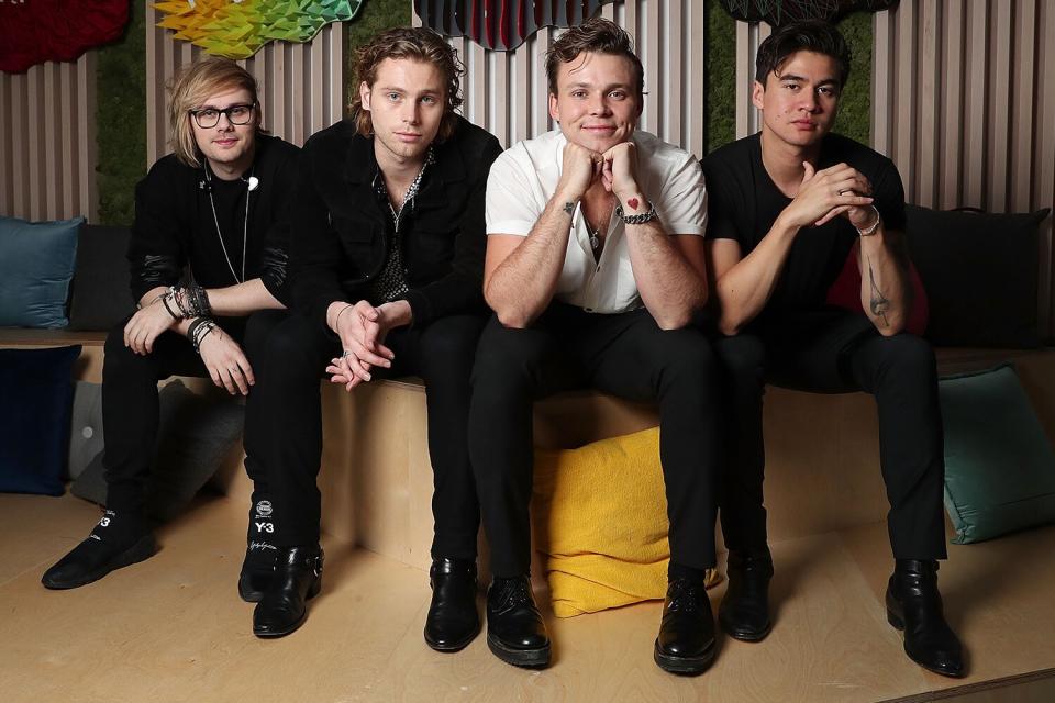 5 Seconds of Summer pose before performing at the Spotify Fans First Event With 5 Seconds Of Summer on May 25, 2018 in Sydney, Australia. Spotify invited its top-streaming 5 Seconds of Summer fans for an intimate Q&amp;A, album preview, and acoustic performance in Sydney.