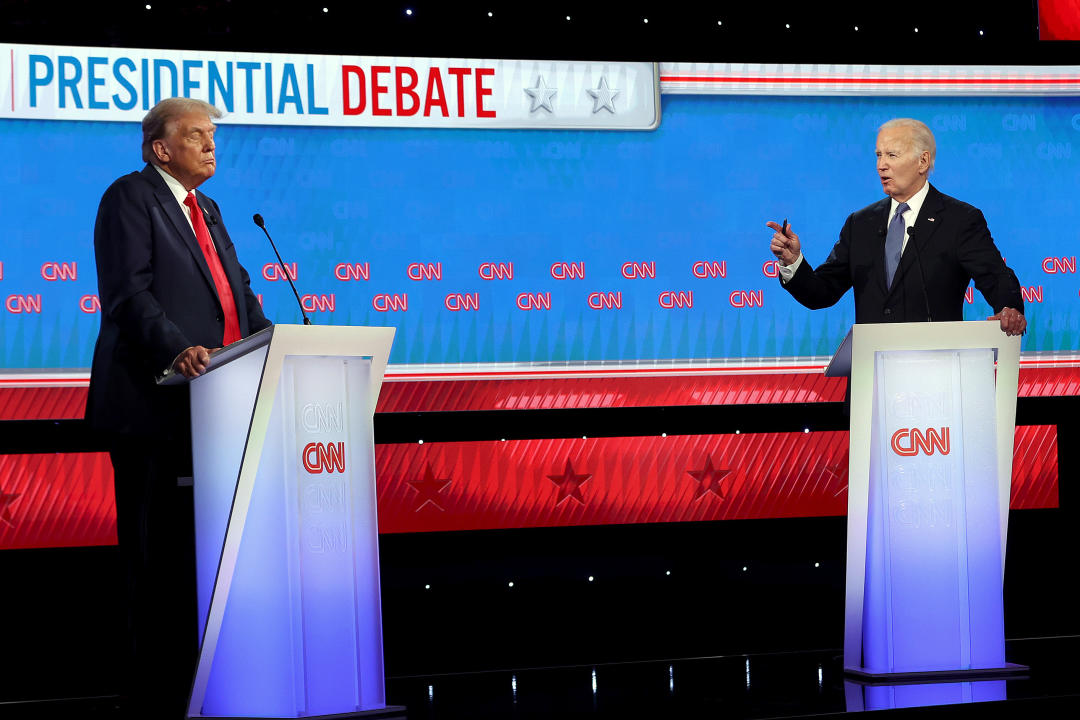 Donald Trump and President Biden onstage at the presidential debate.