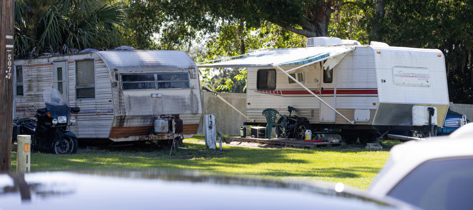 Trailers with the "SM" letters are trailers owned by Saving Mercy. Saving Mercy residents, many of whom are elderly, low-income or disabled, are being ejected from their mobile home sites to make room for affordable housing. A group of residents spoke about their ordeal Friday morning.