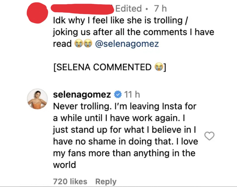 Social media screenshot: Two comments; top user expresses confusion about Selena Gomez's post. Selena replies, never trolling, leaving Instagram, standing up for what she believes in