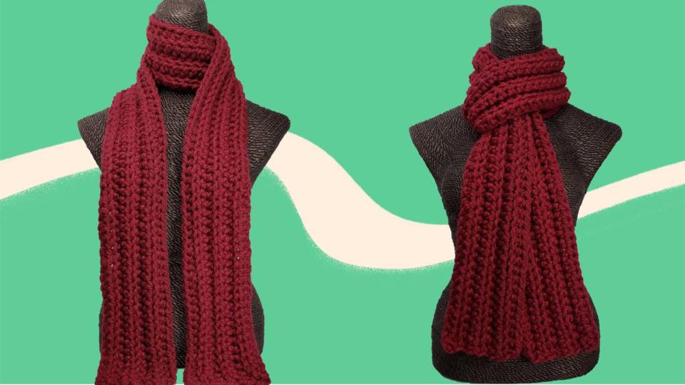 Snuggle up to this chunky merlot scarf all winter long.