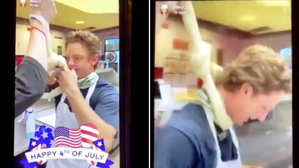 Staff from a Jimmy John's sandwich bar in Georgia make a noose out of dough and mock hanging a person. 