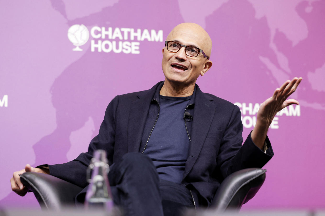 Executive Chairman and CEO of Microsoft Corporation, Satya Nadella, speaks during a talk about Microsoft's vision for AI at Chatham House, in London, Britain, January 15, 2024. REUTERS/Anna Gordon