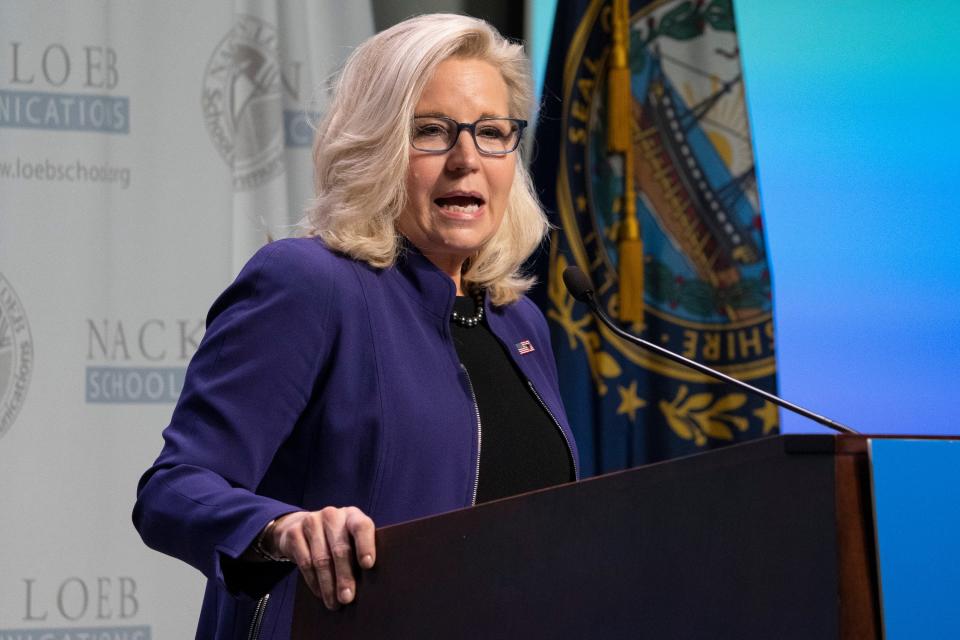 In this Nov. 9, 2021, photo, Rep. Liz Cheney, R-Wyo., speaks during the Nackey S. Loeb School of Communications' 18th First Amendment Awards at the New Hampshire Institute of Politics at Saint Anselm College in Manchester, New Hampshire. In the days before, Republican Rep. Paul Gosar tweeted a video showing a character with his face killing a figure with Rep. Alexandria Ocasio-Cortez's face. Several of the 13 House Republicans who backed a bipartisan infrastructure bill said they faced threats after their vote. In one profanity-laced voicemail, a caller labeled Rep. Fred Upton a “traitor” and wished death for the Michigan Republican, his family and staff.