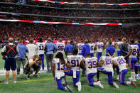 <p>Buffalo Bills players kneel during the national anthem prior to the first half against the Atlanta Falcons at Mercedes-Benz Stadium on October 1, 2017 in Atlanta, Georgia. (Photo by Kevin C. Cox/Getty Images) </p>