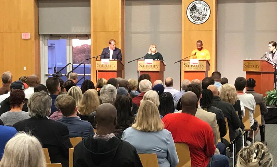 Salisbury Mayoral candidates Randy Taylor, left, Megan Outten, center, and Jermichael Mitchell, right, answered questions during the Wednesday, Oct. 18 forum at Salisbury University.