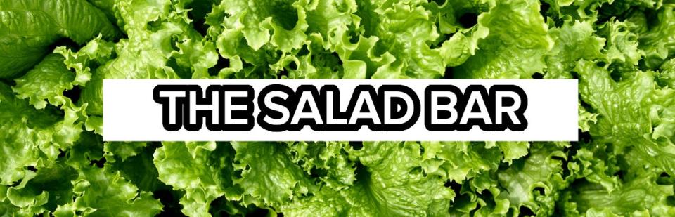 Text banner reading 'THE SALAD BAR' over a background of lettuce leaves