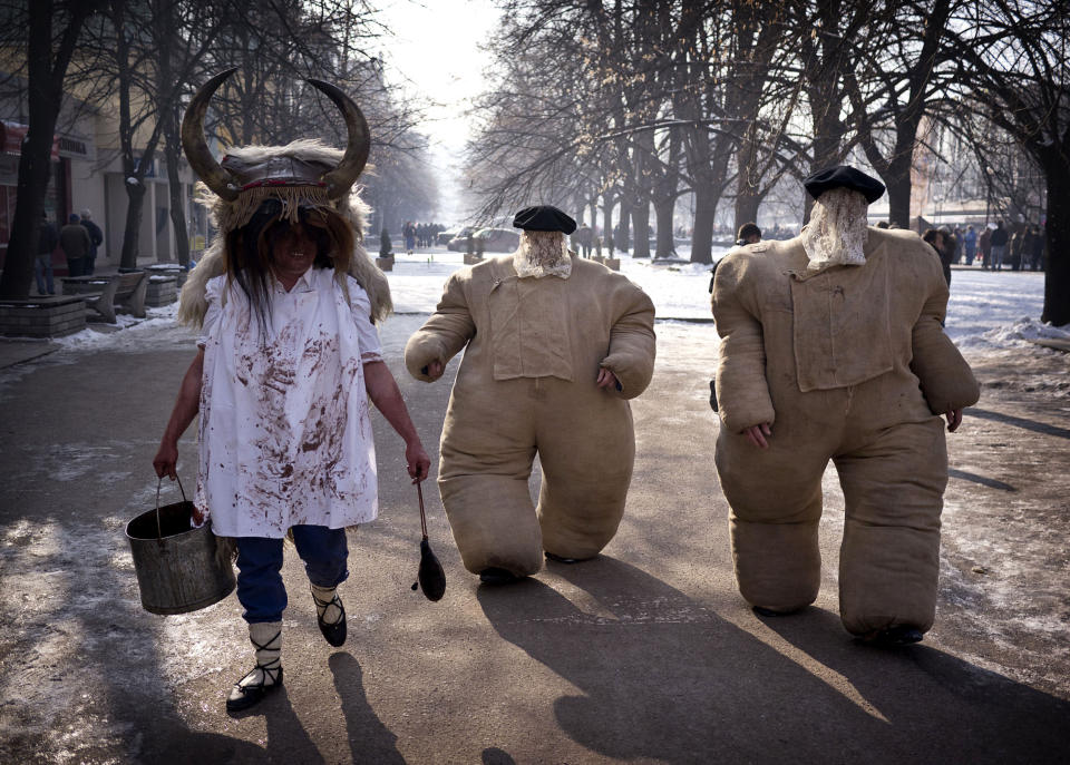 Kukeri from the Basque Country, Spain dressed in the unusual costumes. In recent years the festival has expanded to include countries with similar traditions, including Spain, Palestine, Indonesia and Serbia (Amos Chapple / Rex Features)