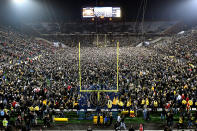 <p>Iowa fans storm the field after a Big Ten Conference football game between the Ohio State Buckeyes and the Iowa Hawkeyes on November 04 2017, at Kinnick Stadium, Iowa City, Ia. Iowa won, 55-24.(Photo by Keith Gillett/Icon Sportswire via Getty Images) </p>