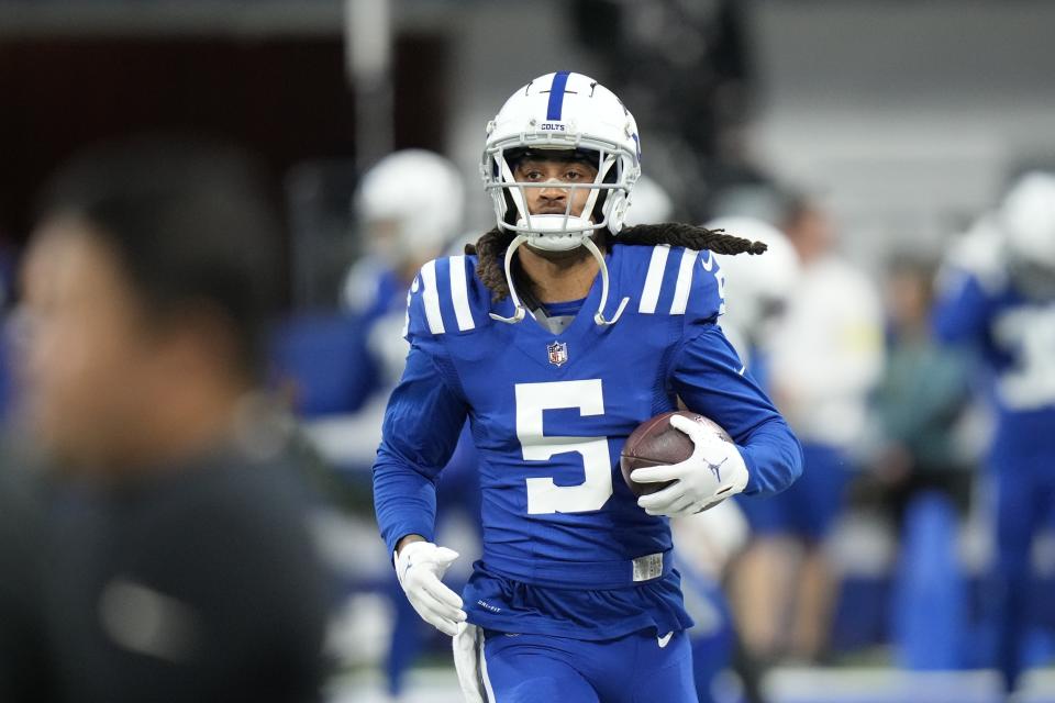 FILE -Indianapolis Colts cornerback Stephon Gilmore runs before an NFL football game against the Los Angeles Chargers, Monday, Dec. 26, 2022, in Indianapolis. The Dallas Cowboys acquired cornerback Stephon Gilmore from the Indianapolis Colts for a fifth-round draft pick, a person with knowledge of the trade said Tuesday, March 14, 2023. (AP Photo/AJ Mast, File)