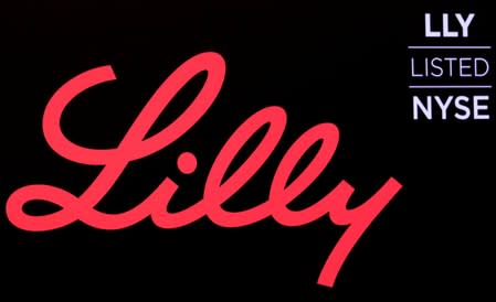 The logo and ticker for Eli Lilly and Co. are displayed on a screen on the floor of the NYSE in New York