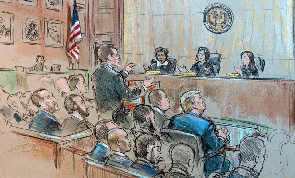 A courtroom sketch depicts Donald Trump listening to arguments in front of a federal appeals court panel on 9 January (REUTERS)