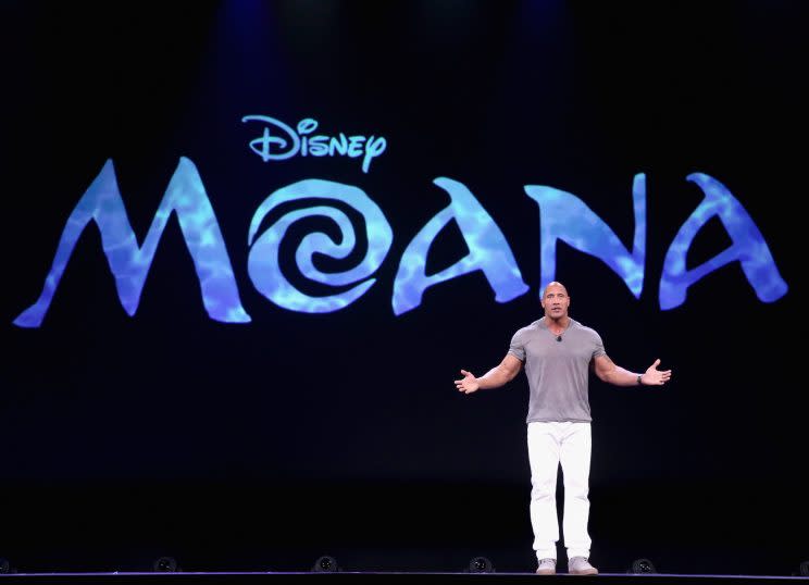 Johnson talking about Moana at the D23 EXPO in 2015. (Photo: Jesse Grant/Getty Images for Disney)