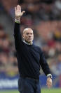 Portland Timbers coach Giovanni Savarese gestures during the first half of the team's MLS soccer match against the Portland Timbers on Wednesday, May 17, 2023, in Sandy, Utah. (AP Photo/Rick Bowmer)