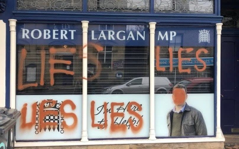 Robert Largan’s High Peak constituency office in Derbyshire is daubed in graffiti as anger over the 'partygate' scandal engulfs the Tories