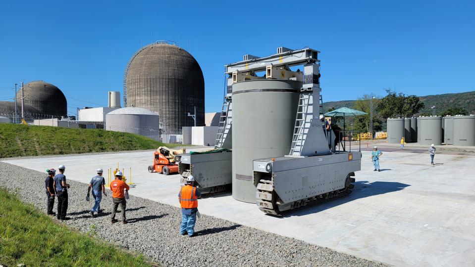 A loaded HI-STORM canister being lowered onto the ISFSI Pad by the Vertical Cask Transporter at the Indian Point Energy Center in Buchanan. 