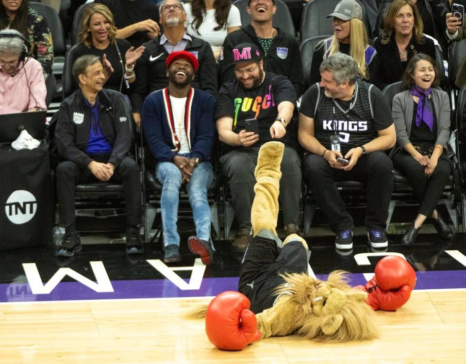 Slamson collapses after a fake knock-out punch by Floyd Mayweather Jr. during Game 2 of the first-round NBA playoff series at Golden 1 Center on Monday, April 17, 2023.