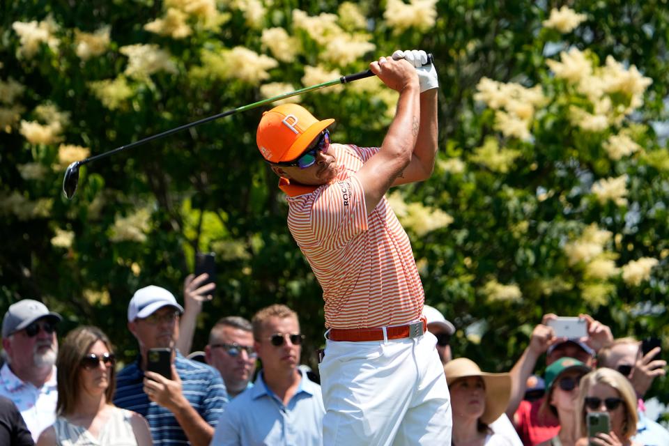 June 4, 2023; Dublin, Ohio, USA;  Rickie Fowler tees off on the 15th hole during the final round of the Memorial Tournament at Muirfield Village Golf Club. 